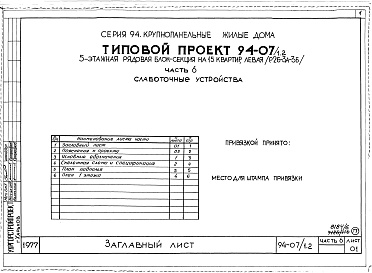 Состав фльбома. Типовой проект 94-07/1.2Альбом 8 Часть 1 Архитектурно-строительные чертежи выше отм.0.000. Часть 2 Отопление и вентиляция Раздел 2-1 С радиаторами и конвекторами. Часть 3 Водоснабжение и канализация выше отм.0.000. Часть 4 Газоснабжение. Часть 5 Электроборудрвание, Часть 6 Слабо