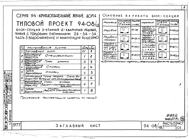 Состав фльбома. Типовой проект 94-08/1.2Альбом 8 Часть 1 Архитектурно-строительные чертежи выше отм.0.000. Часть 2 Отопление и вентиляция Раздел 2-1 С радиаторами и конвекторами. Часть 3 Водоснабжение и канализация выше отм.0.000. Часть 4 Газоснабжение. Часть 5 Электроснабжение. Часть 6 Слабото