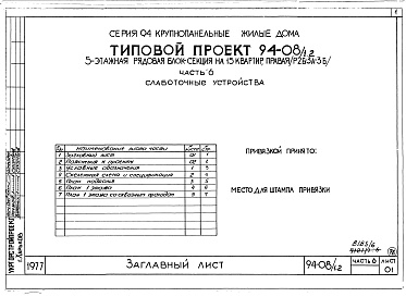 Состав фльбома. Типовой проект 94-08/1.2Альбом 8 Часть 1 Архитектурно-строительные чертежи выше отм.0.000. Часть 2 Отопление и вентиляция Раздел 2-1 С радиаторами и конвекторами. Часть 3 Водоснабжение и канализация выше отм.0.000. Часть 4 Газоснабжение. Часть 5 Электроснабжение. Часть 6 Слабото