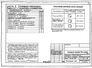 Состав фльбома. Типовой проект 94-010/1.2Альбом 8 Часть 1 Архитектурно-строительные чертежи выше отм.0.000. Часть 2 Отопление и вентиляция Раздел 2-1 С радиаторами и конвекторами. Часть 3 Водоснабжение и канализация выше отм.0.000. Часть 4 Газоснабжение. Часть 5 Электрооборудование. Часть 6 Слаб