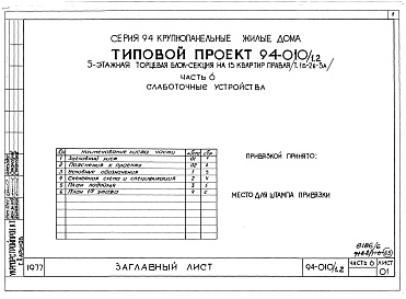 Состав фльбома. Типовой проект 94-010/1.2Альбом 8 Часть 1 Архитектурно-строительные чертежи выше отм.0.000. Часть 2 Отопление и вентиляция Раздел 2-1 С радиаторами и конвекторами. Часть 3 Водоснабжение и канализация выше отм.0.000. Часть 4 Газоснабжение. Часть 5 Электрооборудование. Часть 6 Слаб