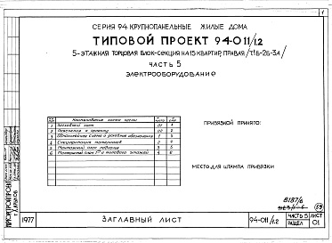 Состав фльбома. Типовой проект 94-011/1.2Альбом 8 Часть 1 Архитектурно-строительные чертежи выше отм.0.000. Часть 2 Отопление и вентиляция Раздел 2-1 С радиаторами и конвекторами. Часть 3 Водоснабжение и канализация выше отм.0.000. Часть 4 Газоснабжение. Часть 5 Электрооборудование. Часть 6 Слаб