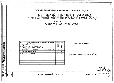 Состав фльбома. Типовой проект 94-011/1.2Альбом 8 Часть 1 Архитектурно-строительные чертежи выше отм.0.000. Часть 2 Отопление и вентиляция Раздел 2-1 С радиаторами и конвекторами. Часть 3 Водоснабжение и канализация выше отм.0.000. Часть 4 Газоснабжение. Часть 5 Электрооборудование. Часть 6 Слаб