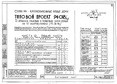 Состав фльбома. Типовой проект 94-018/1.2Часть 0 Общая часть Раздел 0-1 Общая характеристика проекта