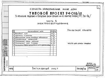 Состав фльбома. Типовой проект 94-018/1.2Часть 1 Архитектурно-строительные чертежи выше отм.0.000. Часть 2 Отопление и вентиляция Раздел 2-1 С радиаторами и конвекторами. Часть 3 Водоснабжение и канализация выше отм.0.000. Часть 4 Газоснабжение. Часть 5 Электрооборудование. Часть 6 Сла