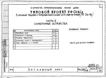 Состав фльбома. Типовой проект 94-018/1.2Часть 1 Архитектурно-строительные чертежи выше отм.0.000. Часть 2 Отопление и вентиляция Раздел 2-1 С радиаторами и конвекторами. Часть 3 Водоснабжение и канализация выше отм.0.000. Часть 4 Газоснабжение. Часть 5 Электрооборудование. Часть 6 Сла