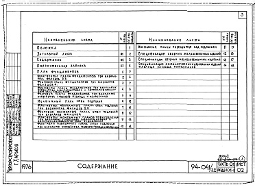 Состав фльбома. Типовой проект 94-041/1.2Альбом 3 Часть 01 Архитектурно-строительные чертежи ниже отм.0.000  Раздел 01-1 Для обычных условий строительства