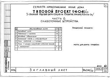 Состав фльбома. Типовой проект 94-041/1.2Альбом 6 Часть 1 Архитектурно-строительные чертежти выше отм.0.000. Часть 2 Отопление и вентиляция Раздел 2-1 С конвекторами и радиаторами. Часть 3 Водоснабжение и канализация выше отм.0.000. Часть 4 Газоснабжение. Часть 5 Электрооборудование. Часть 6 Сла