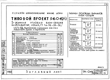 Состав фльбома. Типовой проект 94-049/1.2Альбом 3 Часть 01 Архитектурно-строительные чертежи ниже отм.0.000  Раздел 01-1 Для обычных условий строительства. Часть 03 Водоснабжение и канализация Раздел 03-1 Для обычных условий строительства