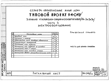 Состав фльбома. Типовой проект 94-049/1.2Альбом 5 Часть 1 Архитектурно-строительная часть выше отм.0.000. Часть 2 Отопление и вентиляция Раздел 2-1 С радиаторами и конвекторами. Часть 3 Водоснабжение и канализация выше отм.0.000. Часть 4 Газоснабжение. Часть 5 Электрооборудование. Часть 6 Слабот