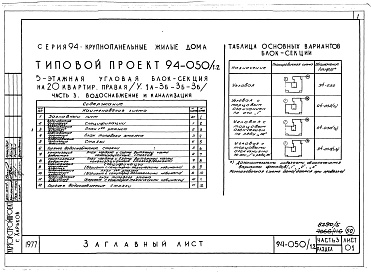 Состав фльбома. Типовой проект 94-050/1.2Альбом 5 Часть 1 Архитектурно-строительные чертежи выше отм.0.000. Часть 2 Отопление и вентиляция Раздел 2-1 С радиаторами и конвекторами. Часть 3 Водоснабжение и канализация выше отм.0.000. Часть 4 Газоснабжение. Часть 5 Электроснабжение. Часть 6 Слабото