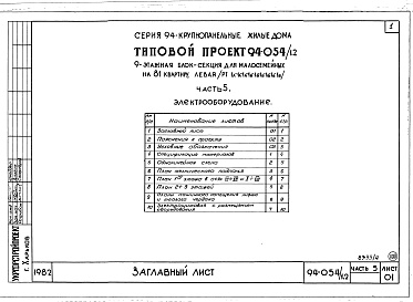 Состав фльбома. Типовой проект 94-054/1.2Альбом 4 Часть 1 Арохитектурно-строительные чертежи выше отм.0.000. Часть 2 Отопление и вентиляция Раздел 2-1 С радиатолрами и конвекторами. Часть 3 Водопровод и канализация. Часть 4 Газопровод. Часть 5 Электрооборудование. Часть 6 Слаботочные устройства 