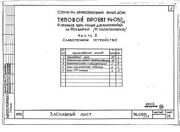 Состав фльбома. Типовой проект 94-057/1.2Альбом 4 Часть 1 Арохитектурно-строительные чертежи выше отм.0.000. Часть 2 Отопление и вентиляция Раздел 2-1 С радиаторами и конвекторами. Часть 3 Водопровод и канализация. Часть 4 Газопровод. Часть 5 Электрооборудование. Часть 6 Слаботочные устройства