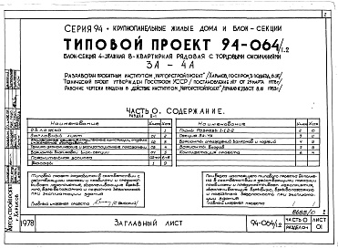 Состав фльбома. Типовой проект 94-064/1.2Альбом 1 Часть 0 Общая часть Раздел 0-1 Общая характеристика проекта