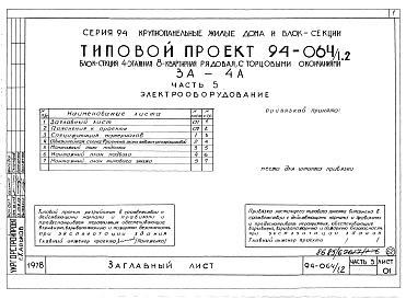 Состав фльбома. Типовой проект 94-064/1.2Альбом 7 Часть 1 Архитектурно-строительные чертежи выше отм.0.000. Часть 2 Отопление и вентиляция Раздел 2-1 С радиаторами и конвекторами. Часть 3 Водопровод, канализация и газопровод. Часть 5 Электрооборудование. Часть 6 Слаботочные устройства