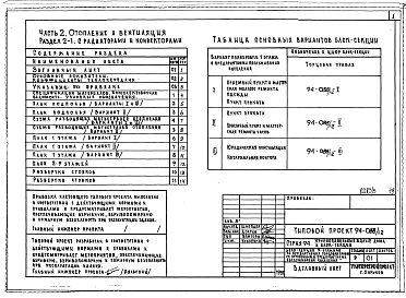 Состав фльбома. Типовой проект 94-088/1.2Альбом 5 Часть 1 Архитектурно-строительные и технологические чертежи выше отм.0.000.  Часть 2 Отопление и вентиляция Раздел 2-1 с радиаторами и конвекторами. Часть 3 Водопровод, канализация и газопровод.  Часть 5 Электрооборудование. Ч