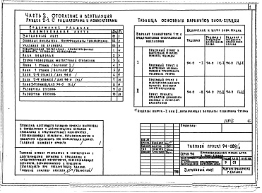 Состав фльбома. Типовой проект 94-089/1.2Альбом 5 Архитектурно-строительные и технологические чертежи выше отм.0.000. Часть 2 Отопление и вентиляция Раздел 2-1 С радиаторами и конвекторами. Часть 3 Водопровод, канализация и газопровод. Часть 5 Электрооборудование. Часть 6 Слаботочные устройства