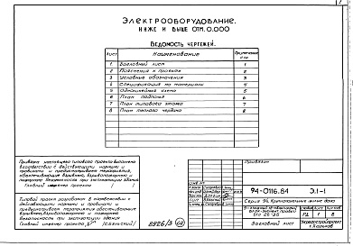 Состав фльбома. Типовой проект 94-0116.84Альбом 3 Архитектурно-строительные решения выше отм. 0.000.  Отопление и вентиляция ниже и выше отм. 0.000.  Внутренние водопровод и канализация, газопровод ниже и выше отм..0000. Электрооборудование ниже и выше отм. 0.000. Устройства 