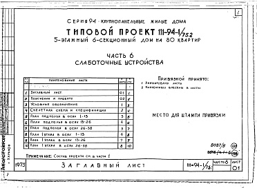 Состав фльбома. Типовой проект 111-94-1/75.2Альбом 5 Часть 1 Архитектурно-строительные чертежи выше отм.0.000. Часть 2 Отопление и вентиляция выше отм.0.000 Раздел 2-1 С радиаторами и конвекторами. Часть 3 Водоснабжение и канализация. Часть 4 Газопровод. Часть 5 Электрооборудование. Часть 6 Слабото