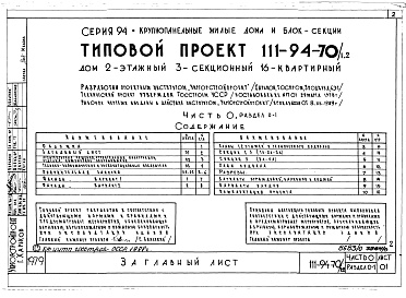 Состав фльбома. Типовой проект 111-94-70/1.2Альбом 1 Часть 0 Общая часть Раздел 0-1 Общая характеристика проекта