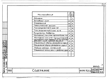 Состав фльбома. Типовой проект 111-94-70/1.2Альбом 3 Часть 01 Архитектурно-строительные чертежи ниже отм.0.000  Раздел 01-1 Здание с подпольем