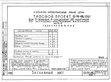 Состав фльбома. Типовой проект 111-94-124.87Альбом 5 Архитектурн6о-строительные чертежи выше отм.2.800. Часть 2 Отопление и вентиляция выше отм.2.800 Раздел 2-1 С радиаторами и конвекторами. Часть 3 Водопровод и канализация выше отм.2.800. Часть 4 Газоснабжение. Часть 5 Электрооборудование выше отм