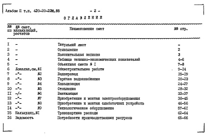 Состав фльбома. Типовой проект 420-20-22м.85Альбом 2 Сметы