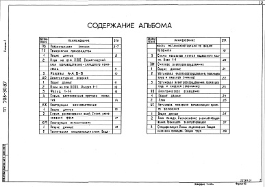 Состав фльбома. Типовой проект 708-30.87Альбом 1 Пояснительная записка. Технология производства. Архитектурные решения. Конструкции железобетонные и металлические. Силовое электрооборудование. Электроосвещение. Установка пожарной сигнализации ручного включения