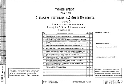 Состав фльбома. Типовой проект 284-5-19Часть 5   Электрооборудование  Раздел 5-1 Жилой корпус, Роздел 5-2 Общественный корпус, Раздел 5-3 Автоматика