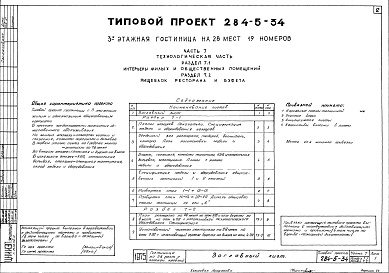 Состав фльбома. Типовой проект 284-5-34Часть 7 Технологическая часть Раздел 7.1 Интерьеры жилых и общественных помещений.Раздел 7.2 Пищеблок ресторана и буфета.