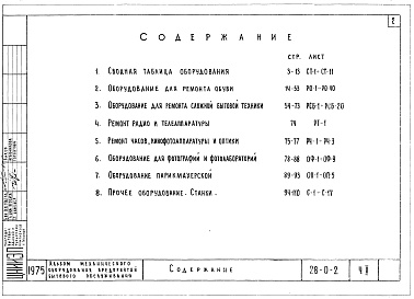 Состав фльбома. Типовой проект 28-0-2Часть 2 Оборудование для ремонта обуви. Оборудование для ремонта сложной бытовой техники. Ремонт радио и телеаппаратуры. Ремонт часов, кино-фотоаппаратуры и оптики. Оборудование для фотографий и фотолабораторий. Оборудование парикмахерской. Прочее оборудо