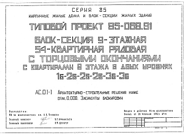 Состав фльбома. Типовой проект 85-068.91Альбом 2 Архитектурно-строительные решения ниже отм. 0.000. Элементы блокировки АС.01-1