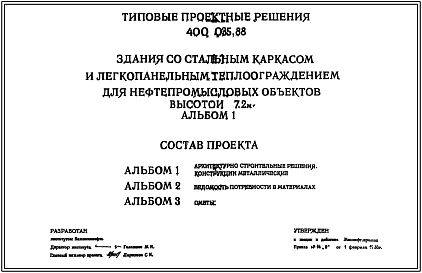 Состав Типовой проект 400-035.88 Здания со стальным каркасом и легкопанельным теплоограждением для нефтепромысловых объектов высотой 7,2 м