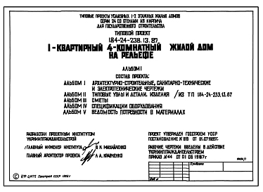 Состав Типовой проект 184-24-238.13.87 1-квартирный 4-комнатный жилой дом на рельефе (для строительства в северно-центральных районах Украинской ССР)