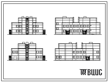 Фасады Типовой проект 252-9-97.84 Виварий станции переливания крови II категории. Здание двух-, трехэтажное. Каркас по серии 1.020-1. Стены из легкобетонных панелей.