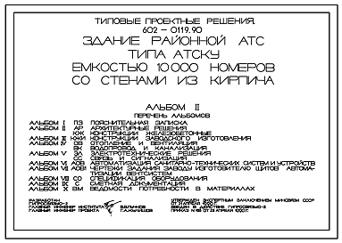 Состав Типовой проект 602-0119.90 Здание районной АТС типа АТСКУ емкостью 10000 номеров со стенами из кирпича