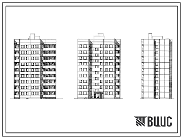 Фасады Типовой проект 88-023/1.2 9-этажная торцевая левая блок-секция 2Б.2Б.3Б.4Б на 36 квартир. Для строительства во 2В климатическом подрайоне Белорусской ССР.