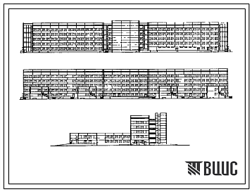 Фасады Типовой проект 252-1-67 Главный корпус инфекционной больницы на 300 коек. Здание двух-, пятиэтажное. Каркас сборный железобетонный серии ИИ-04. Стены из керамзитобетонных панелей.