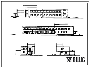 Фасады Типовой проект 252-1-69 Приёмно-административный корпус инфекционной больницы на 300 коек. Здание двухэтажное. Каркас сборный железобетонный серии ИИ-04. Стены из керамзитобетонных панелей.
