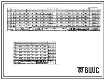 Фасады Типовой проект 252-1-79 Главный корпус детской больницы на 300 коек с поликлиникой на 240 посещений в смену. Здание шестиэтажное. Каркас сборный железобетонный серии ИИ-04. Стены из керамзитобетонных панелей.