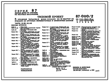 Состав Типовой проект 87-0110/2 Блок-секция торцовая правая 5-этажная 15-квартирная Т-1Б-2Б-3А