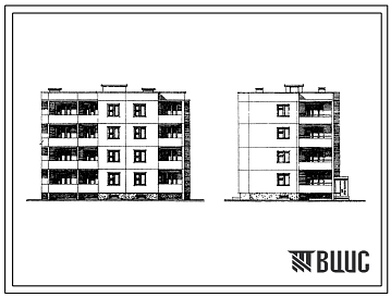 Фасады Типовой проект 210-028 Четырехэтажная блок-секция торцевая правая на 8 квартир (трехкомнатных 3Б-4, четырехкомнатных 4Б-4). Для строительства во 2В климатическом подрайоне Белорусской ССР