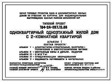 Состав Типовой проект 184-24-287.13.88 Одноквартирный одноэтажный жилой дом с 2-комнатной квартирой (для индивидуальных застройщиков южных районов УССР)