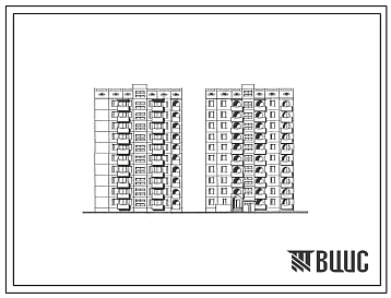 Фасады Типовой проект 192-019с.88 БЛОК-СЕКЦИЯ 10-ЭТАЖНАЯ 20-КВАРТИРНАЯ РЯДОВАЯ С ТОРЦОВЫМИ ОКОНЧАНИЯМИ 4-3 Н ЭТ = 2,8 М