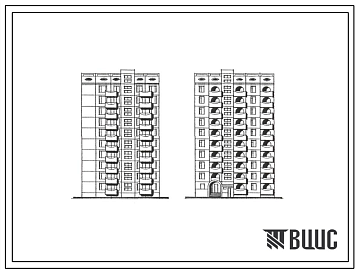 Фасады Типовой проект 192-016с.88 БЛОК-СЕКЦИЯ 10-ЭТАЖНАЯ 20-КВАРТИРНАЯ РЯДОВАЯ С ТОРЦОВЫМИ ОКОНЧАНИЯМИ 2-3 Н ЭТ = 2,8 М