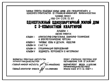 Состав Типовой проект 188-24-229.13.87 Одноэтажный одноквартирный жилой дом с 3-комнатной квартирой для государственного и колхозного строительства (для строительства в Украинской ССР)