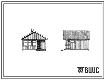 Фасады Типовой проект 186-000-251.84 1-этажный летний садовый домик со стенами из деревянно-щитовых конструкций. Для строительства во 2В климатическом подрайоне Белорусской ССР.