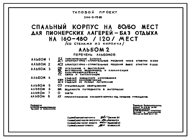 Состав Типовой проект 244-5-95.88 Спальный корпус на 80 (60) мест для пионерских лагерей - баз отдыха на 160-480 (120) мест (со стенами из кирпича)