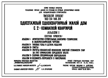 Состав Типовой проект 183-24-188.84 Одноэтажный одноквартирный жилой дом с 2-комнатной квартирой для государственного строительства