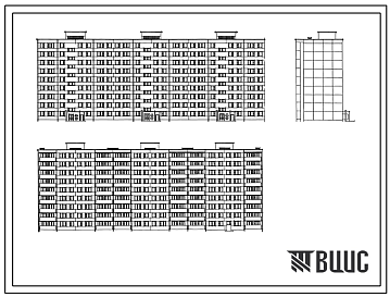 Фасады Типовой проект 111-88-5/74 Девятиэтажный шестисекционный дом на 215 квартир (однокомнатных 1Б-35, двухкомнатных 2Б-72, трехкомнатных 3Б-72, четырехкомнатных 4Б-36)
